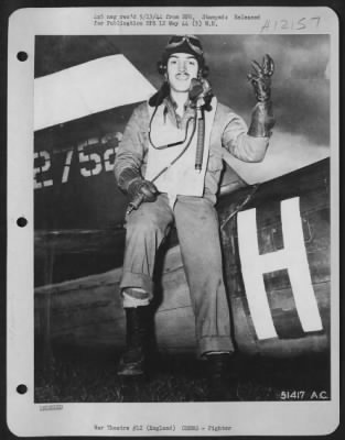 Fighter > Lt. Martin H. Johnson, Jr., of Scott St., ofrt Worth, Texas, announcing the destruction of three Nazi airplanes in enemy-occupied France. Johnson, after escorting the AAF's heavy bombers got all three of his victims on the ground on his way home