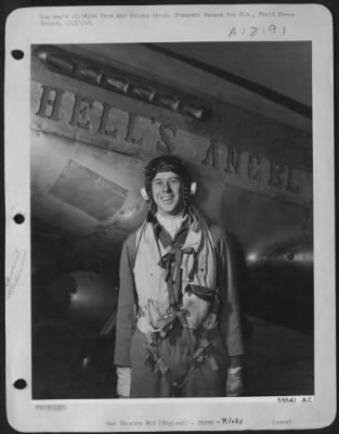Fighter > ENGLAND-Maj. Clayton L. Peterson, 1020 North Chicago St., Pontiac, Ill., in front of his P-51 Mustang fighter "Hells Angel." Maj. Peterson is an 8th Air force fighter command Squadron leader. He flew P-40 Warhawks and P-38 Lightnings in the Pacific