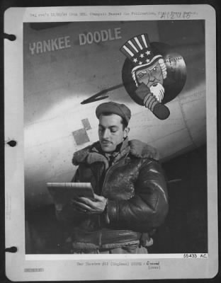 Thumbnail for Ground > ENGLAND-M/Sgt Joseph M. Giambrone, Norristown, Pa., ofrmer crew chief of the "Memphis Belle." Sgt Giambrone is standing in front of the first Boeing B-17 Flying ofrtress, "Yankee Doodle," to fly over enemy territory, in August 1942. It was then