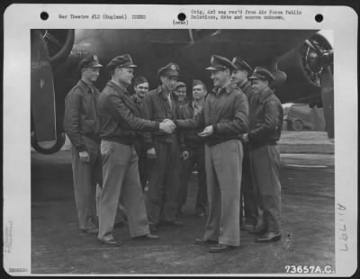 General > Colonel Travis Congratulates The Members Of His 'Blue' Ribbon Crew Of The Boeing B-17 'Mischief Maker' After A Successful Bombing Mission Against Installations At Gdynia, Poland On 9 October 1943. Crew Members Are: Capt. Vernon L. Iverson, Walla Walla Was