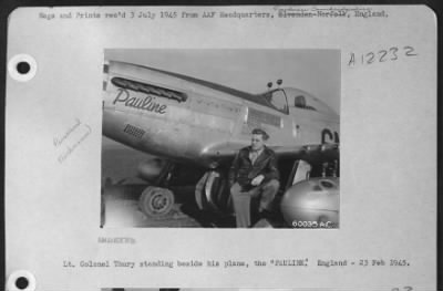 Thumbnail for Fighter > Capt. Eisenhart Sitting On The Wing Of His North American P-51 Mustang, The 'Bonney Bea'.  England - 16 July 1944.