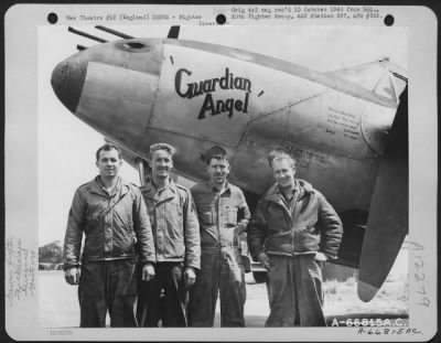 Thumbnail for Fighter > Lt. J. Armstrong, Pilot, T/Sgt. L. Kergewski, Sgt. C. Wilder, Sgt. C. Lawler And Cpl. Cresniali, Ground Crew Members, Beside The Lockheed P-38 'Guardian Angel' Of The 20Th Fighter Group.  England.