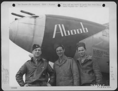 Fighter > Lt. Lee S. Ayoub (Left)  And Two Members Of His Ground Crew Pose Beside The North American P-38 'Aboob' Of The 364Th Fighter Group, 67Th Fighter Wing, 8Th Air Force Station F-375, Honnington, England.  2 June 1944.