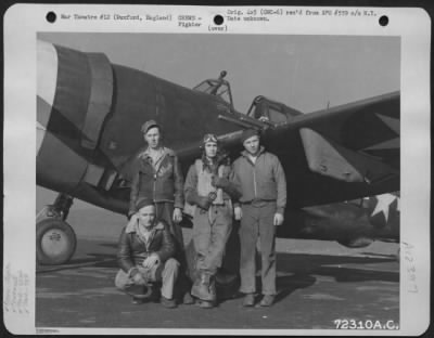 Thumbnail for Fighter > 1St Lt. Robert P. Spalding, Springfield, Maine And Crew Of The 82Nd Fighter Squadron, 78Th Fighter Group Pose Beside Their Republic P-47 At 8Th Air Force Station F-357 In Duxford, England.  31 March 1944.