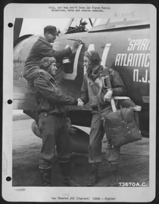 Thumbnail for Fighter > After A Successful Mission Over Brunswick, Germany, 1St Lt. Robert S. Johnson, Lawton, Okla. (Left) Shakes Hands With Capt. Walker M. Mahurin, Fort Wayne, Ind. (Right), The Highest Scoring Fighter Pilot In The Eto, Beside A Republic P-47 At An Air Base In