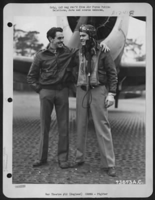 Thumbnail for Fighter > Capt. George E. Preddy Of Greensboro, Nc, (Left) And 1St Lt. William T. Whisner, Jr., (Right) Shreveport. La., Pose Beside A Republic P-47 At An Airbase In England, Shortly After The Rescue Of Capt. Preddy Who Was Forced To Bail Out Of His Plane Over The