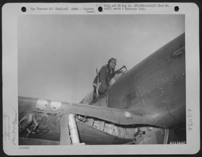 Thumbnail for Fighter > Lt. Charles H. Clark Of Los Angeles, Calif., Climbs Into A Reassembled North American P-51 At The Lockheed Reassembly Plant At Liverpool, England.  He Will Fly It To A U.S. Air Force Airplane Pool Somewhere In The Eto.  16 December 1943.