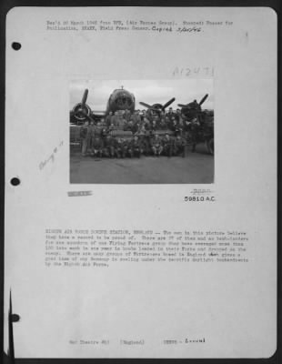 Thumbnail for Ground > Eighth Air Force Bomber Station, England -- The Men In This Picture Believe They Have A Record To Be Proud Of.  There Are 37 Of Them And As Bomb-Loaders For One Squadron Of One "Flying Fortress" Group They Have Averaged More Than 100 Tons Each In One Year