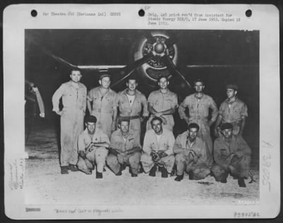 Consolidated > Kneeling, Left To Right:  Ssgt John D. Kuharedk, Sgt Abe M. Spitzer, Sgt Ray G. Gallager, Ssgt Buckley, Ssgt Albert T. Dehart.  Standing, Left To Right:  Major Charles W. Sweeney, Co 393Rd Bombardment Squadron And Pilot; Lt. Charles D. Alburgy, Airplane C