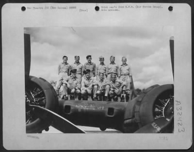 Consolidated > Crew of a Boeing B-17 Flying Fortress in New Guinea. Bottom row, left to right: 1st Lt. Herbert C. Derr, Phoenix, Arizona; 1st Lt. Ralph K. Deloach, Petersburg, Florida; 2nd Lt. Philip M. Mohoney, Saegertown, Penn.; 2nd Lt. William R. Thompson