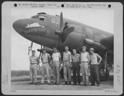 Thumbnail for Consolidated > C-47 transport plane "Swamp Rat" and its crew from 6th Troop Carrier Sq. 5th Air Force, Wards Drome, Port Moresby, New Guinea. Left to right, 2nd Lt. Irwin W. Dial, Mendota, Ill., pilot 2nd Lt. Robert S. Knight, Omaha, Neb., co-pilot; S/Sgt.