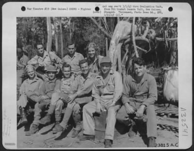 Thumbnail for Consolidated > Members of the 49th Fighter Group at an air base in Buna, New Guinea. They are, left to right, back row: Robert A. McDaris Harry B. Dillworth Joe King Front row, left to right: Paul J. Slocum Arland Stanton Clude Knisley Robert V. McHale David A.