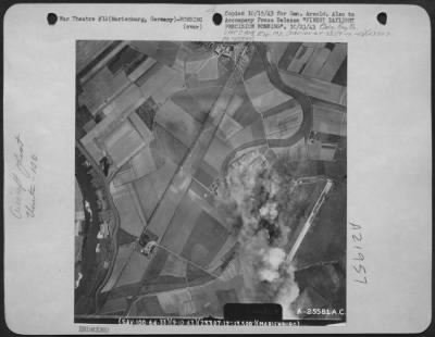 Consolidated > The first bombs have just hit. Note how perfectly they are being concentrated within the comparatively small area of the target. 100th Bomb Group. 9 October 1943.