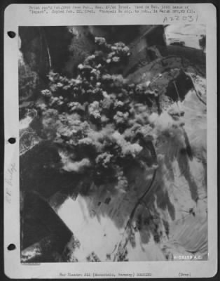 Consolidated > Bombs dropped by 8th AF erupt on road junction and rail bridge at Morscheid, Germany southeast of Trier, Germany 25 Dec. 1944, disrupting one of the key links in Nazi communication lines.