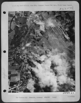 Thumbnail for Consolidated > With installations burning fiercely, this is the picture presented by the night-fighter base at Munster during the attack on 15 August 44, by U.S. 8th AF bombers. This base is located about 90 miles northwest of Kassel, Germany.