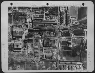 Consolidated > WIDESPREAD DAMAGE---At the FW 190 aircraft assembly plant at Oschersleben, heavy damage can be seen in this picture taken a few days following the attack by Liberators of the U.S. 8th A.F. on April 11th. Main workshops has 1/3 of the roof destroyed