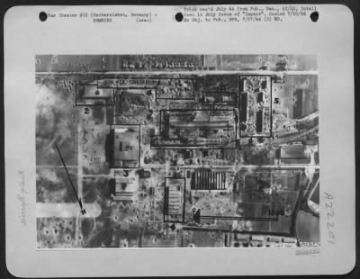 Consolidated > Oschersleben, Germany, famous FW-190 plant and target of many bloody missions, was hit last 30 May 44. Main machine shop (1) was further damaged; medium assembly shop (2) received direct hit; large assembly shop (3) was damaged; component plant (4)