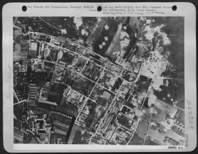 Consolidated > Gutted buildings dot the entire target area at the Prufenning Me-110 aircraft plant at Regensburg, about 55 miles southeast of Nurnberg, after the 21 July 44 attack, by U.S. 8th AF bombers. Temporarily knocked out of production in an attack in Feb 44