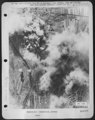 Consolidated > The second wave of 8th A.F. bombers come over the target comprised three large plants, two owned by the Vereingte Kugellager Fabriken A.G. (see C & E) and one by Fishcher A.G. often referred to as Kugelfisher (see A). B indicates the Ficktel & Sachs