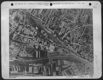 Consolidated > "SCHWEINFURT WORKS OUT OF OPERATION"---Above picture indicates extent of damage inflicted upon the Schweinfurt ball bearing industry in the daylight attack by Flying Fortresses of Eighth Air Force Bomber Command on October 15th. Buildings destroyed