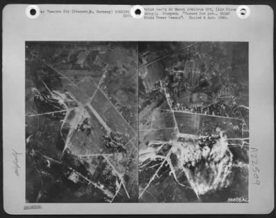 Consolidated > While troop carriers and transports were dropping parachutists east of the Rhine, 24 March 1945, heavy bombers of the U.S. 8th  AF were pounding jet airbases just behind the German lines. LEFT: First strikes burst on the Steenwijk jet aircraft base.