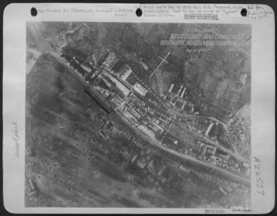 Consolidated > Stuttgart Bearing Plant after attack by 50 Boeing B-17s dropping 108 tons from 20,800 feet, machine shop (1) buildings behind it were gutted, small shop (2) heat treatment shop (3) damaged.