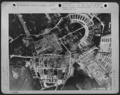 Consolidated > Weimar, Germany-Weimar Armament Works after attack of 24 Aug 44. Reconnaissance photo shows tremendous damage. In the armament works (bottom center) seven of ten main workshops have been destroyed, the boiler house gutted, and other smaller