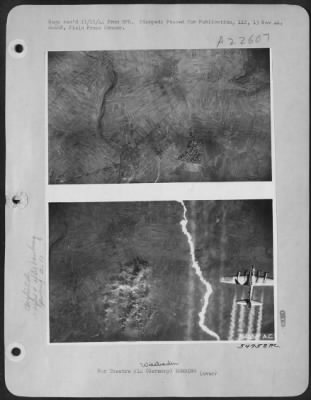 Consolidated > Before and during the bombing of Wiesbaden airfield, west of Frankfurt, Germany, on November 10, 1944. Bomb bursts cover much of the field and adjoining shops.