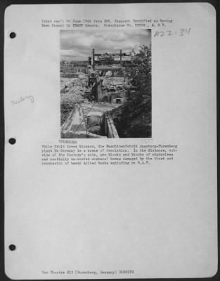 Consolidated > While Fruit Trees Blossom The Maschinenfabrik Augsburg- Nuremberg Plant In Germany Is A Scene Of Desolation.  In The Distance, Outside Of The Factory'S Site, Are Blocks And Blocks Of Windowless And Partially Unroofed Workers' Homes Damaged By Blast And Co