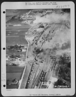 Consolidated > Bombs Burst On Weilheim Marshalling Yards, Germany During Raid By 14Th Fighter Group.  19 April 1945.