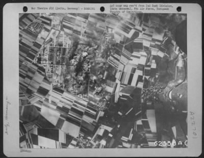 Consolidated > Bombing Of Enemy Installations At Zietz, Germany, 12 May 1944 By Planes Of The 2Nd Bomb Division, 8Th Af.  Altitude, 20,000 Feet.
