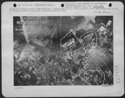 Consolidated > At (A) are bursts on north & west dispersal & landing area; at (B) bursts in the SW corner. Approaching from the SW, the 64 Martin B-26's dropped 209 five-hundred-pound GP bombs.