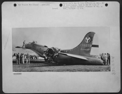 Consolidated > Italy-This Boeing B-17 received a direct hit by flak over Debreczen railyards, Hungary, on 21 Sept 44. The pilot, 2nd Lt. Guy M. Miller, of Lakeside, Calif., and co-pilot 2nd Lt. Thomas M. Kybovich, West Palm Beach. Fla., were able to bring her back