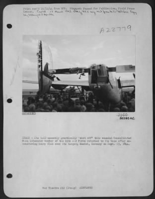 Consolidated > ITALY-Its tail assembly practically "shot off" this wounded Consolidated B-24 Liberator bomber of the 15th Air Force returned to its base after encountering heavy flak over its target; Munich, Germany on Sept. 23, 1944.
