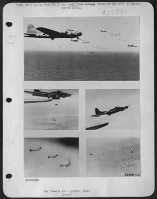 Thumbnail for Consolidated > DRAMA IN THE AIR. The story pictured here started as the result of a mission in which Fortresses of the U.S. Army 15th Air Force bombed the railway marshalling yards at Foggia, Italy. The picture at the top shows the formation of heavy bombers