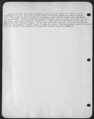 Thumbnail for Consolidated > DRAMA IN THE AIR. The story pictured here started as the result of a mission in which Fortresses of the U.S. Army 15th Air Force bombed the railway marshalling yards at Foggia, Italy. The picture at the top shows the formation of heavy bombers