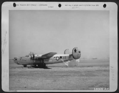 Thumbnail for Consolidated > With parachutes billowing behind it, a Consolidated B-24 Liberator bomber piloted by Capt. Bill R. Adams of 629 Grant Road, Fort Leavenworth, Kansas, comes to a stop on itshome runway after bombing the Manfried Weiss motor works in Budapest. The