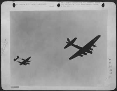 Consolidated > Escorting this Boeing B-17 of the 15th AF, as it wings its way to attack German installations and factories, is this Lockheed P-38 Lightning fighter. P38's have been successfully used as fighter escort to heavy bombers accounting for a considerable