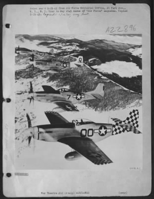 Consolidated > 4 North American P-51 Mustangs Fighters Of Various Fighter Groups Of The 15Th Af Are Shown In A Practice Formation Over The Alps.  P-51S Escort Heavy Bombers Of The 15Th Aaf Deep Into Enemy'S Dwindling Fighter Production.  31St, 52Nd, 332Nd & 325Th Fg.