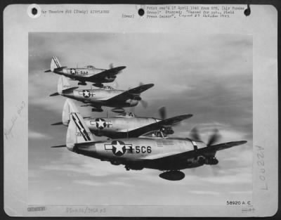 Thumbnail for Consolidated > Fully Loaded With Bombs And Extra Gas Tanks, A Flight Of 12Th Af [350 Fg, 345Th Fs] Republic P-47 Thunderbolts Wing Their Way Toward A German Target In Northern Italy.  The Pilots Keep Perfect Formation As A Defense Against Enemy Planes.  This Photo Was T