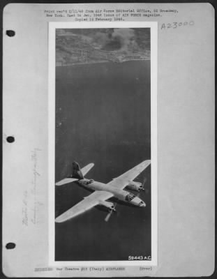 Thumbnail for Consolidated > Winging Out To Sea, This Martin B-26 Marauder Of The 1St Tack Af, Leaves Behind A Smoking Bridge At Ventimiglia, On The Riveria Railway.  On The Wing And Fuselage Of The Plane Can Be Seen The Insignia Of The French Air Force Which Is Flying Martin B-26 Ma