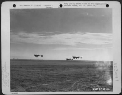 Consolidated > Three Lockheed P-38 Lightnings Of The 94Th Fighter Sq., 1St Fighter Gp. Take Off From An Airfield Somewhere In Italy.