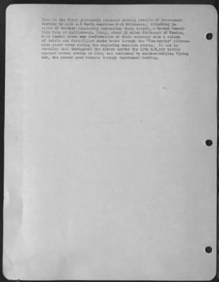 Thumbnail for Consolidated > This is the first photograph released showing results of instrument bombing by 12th A.F. North American B-25 Mitchells. Attacking in spite of weather completely concealing their target, a German Ammunition Dump at Spilimbergo, Italy, about 55 miles