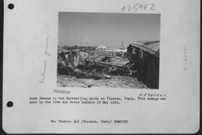 Thumbnail for Consolidated > Bomb damage in the Marshalling yards at Vicenza, Italy. This damage was done by the 15th Air Force bombers 10 May 1945.