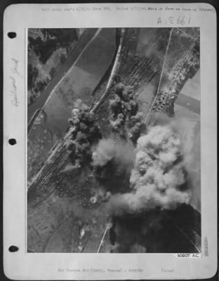 Creil > What the Creil railway marshalling yards looked like at noon, 12:00 o'clock on March 28, while it was being blasted by more that 300 tons of bombs from formations of B-26 Marauder medium bombers of the 9th AF. Three waves of Marauders at 10 minute