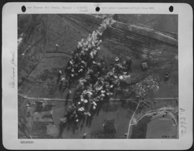 Creil > When Marauder B26 medium bombers of the U.S. 9th AF bombed the railway yards at Creil, 25 miles north of Paris, on March 20, one of their precision targets was the important locomotive repair shops. This picture shows the locomotive repair shops