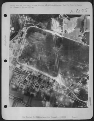Dijon > After 25 April 44 attack during which heavy bombers dropped GF and IB bombs. Two hangars were nearly destroyed (1) two damaged (2) one workshop damaged (3) two gutted (4) office buildings (5) were damaged.