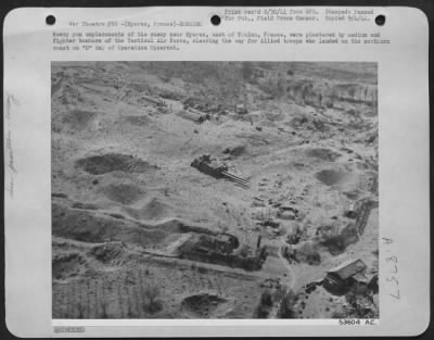 Thumbnail for Hyeres > Heavy gun emplacements of the enemy near Hyeres, east of Toulon, France, were plastered by medium and fighter bombers of the Tactical Air Force, clearing the way for Allied troops who landed on the southern coast on "D" day of Operations Uppercut.