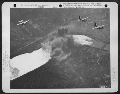 Thumbnail for Arles > Bombing Of A Railroad Bridge Over The Rhone River At Arles, France, By Martin B-26 "Marauders" Of The French Air Force.