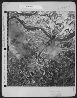 Thumbnail for Avignon > Bombs Dropped By The 301St Bomb Group, 419Th Bomb Squadron, Fall Toward The Railroad Yards At Avignon, France.  Bombs Dropped By Lead Planes Are Already Bursting On The Target Area, 27 May 1944.